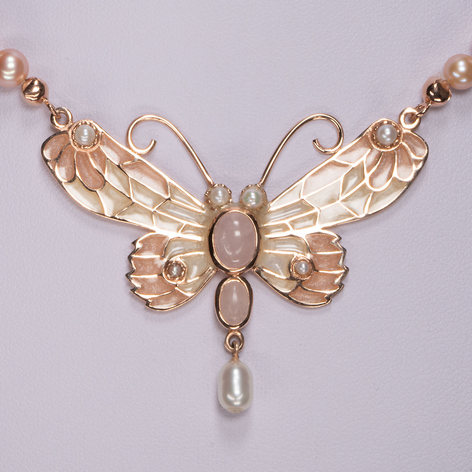 Jugendstil Collier Schmetterling Rosenquarz u. Perlen 925/- Rosé vergoldet