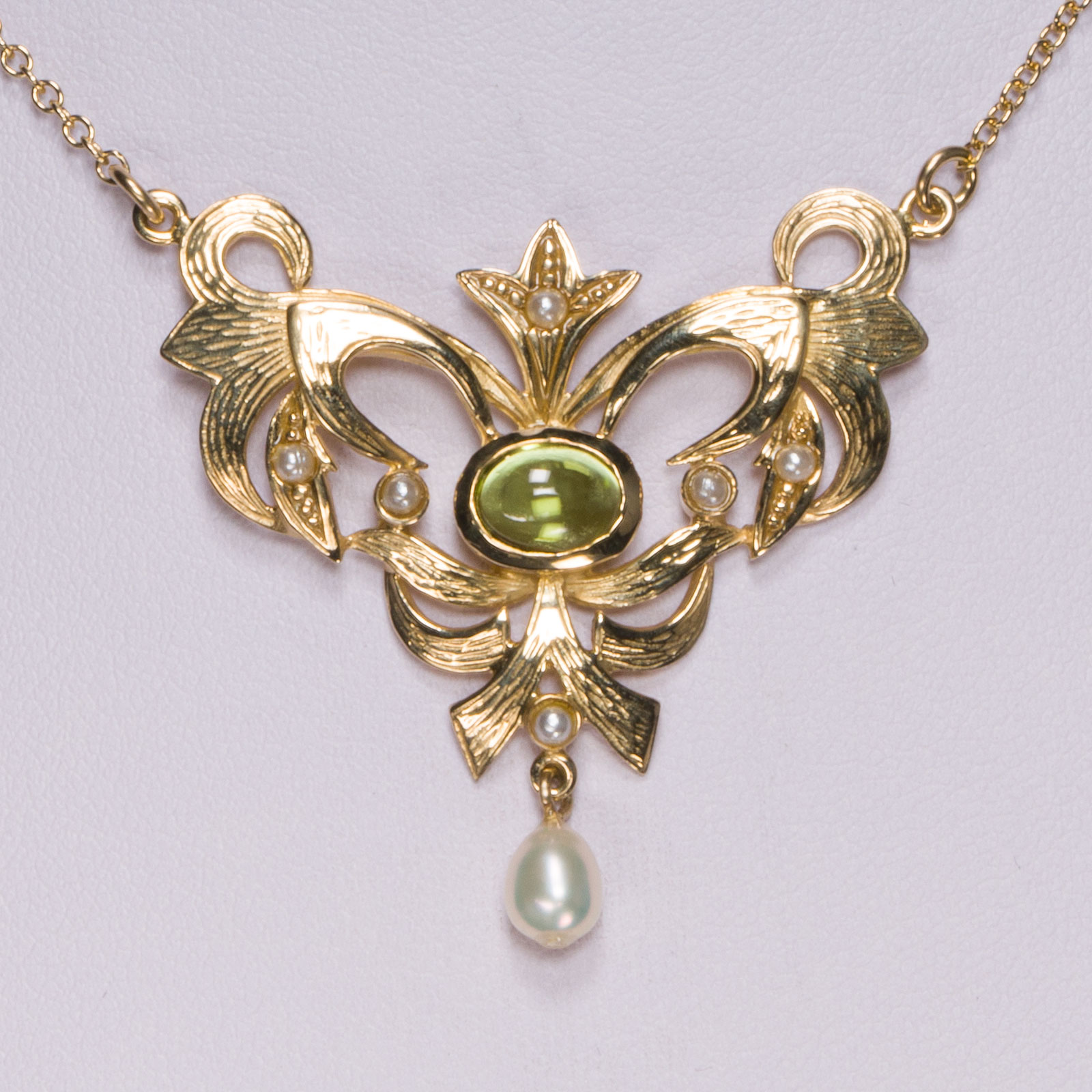 Jugendstil Collier Peridot Perlen 925/- Silber vergoldet
